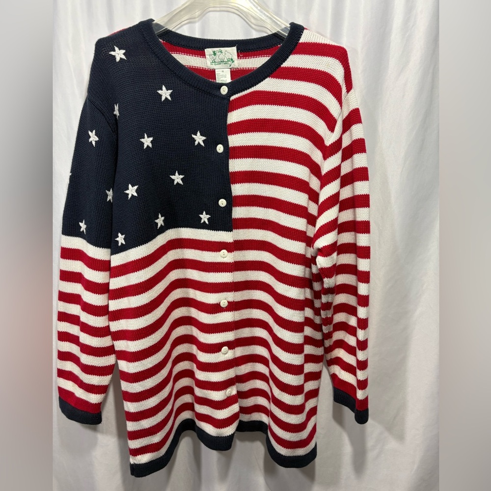Quacker Factory Red White Blue USA Flag Button Down Vintage Patriotic Sweater 1X